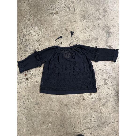 ULLA JOHNSON Silk Floral Embroidered‎ Navy Peasant Top, Tassel Silk Size 4 - Picture 2 of 10